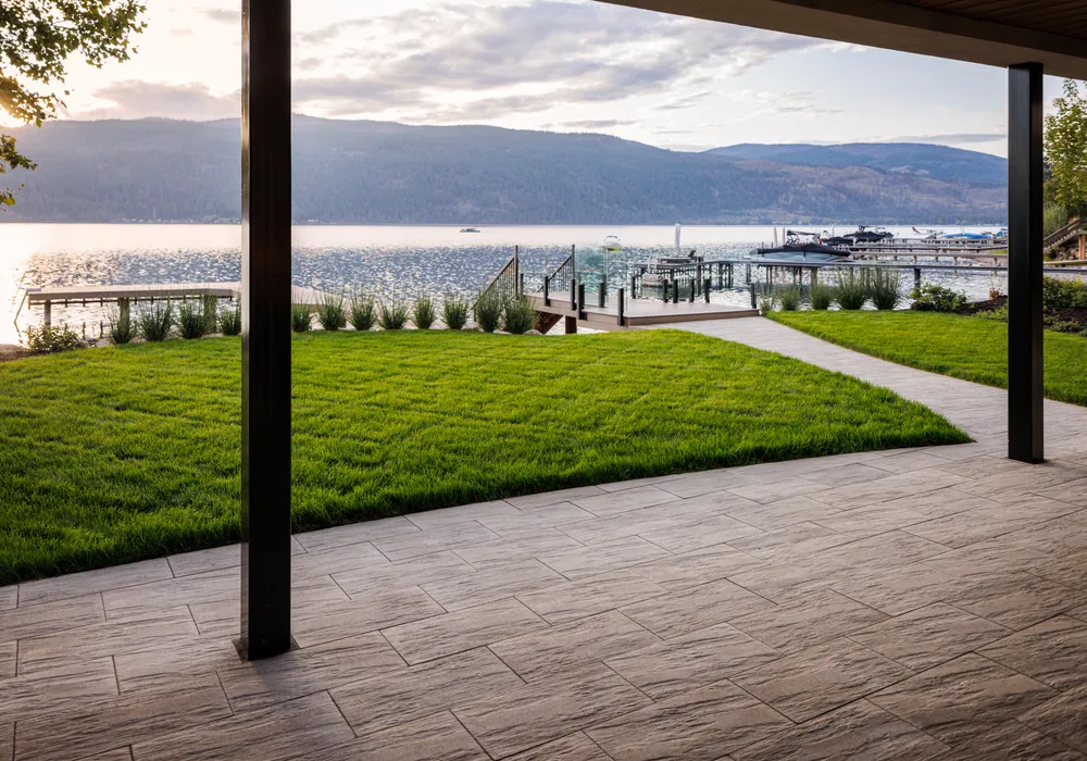 dock and lake front property and mountains
