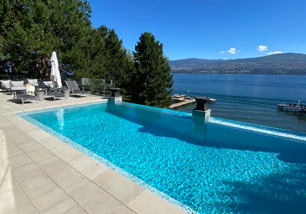 stone ground and pool lake front property