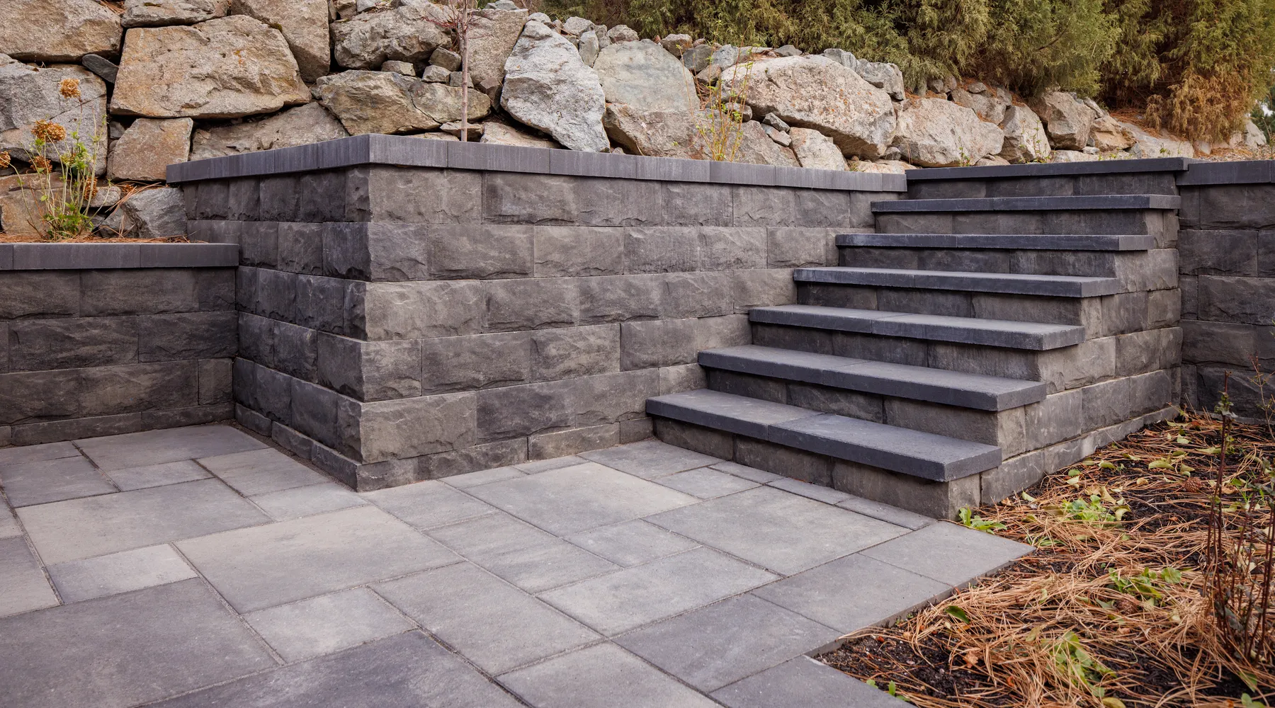 stairs retaining wall and paver stones