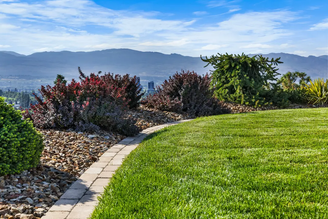 Mulch and decorative rock beds in a garden with small trees on a lakefront property